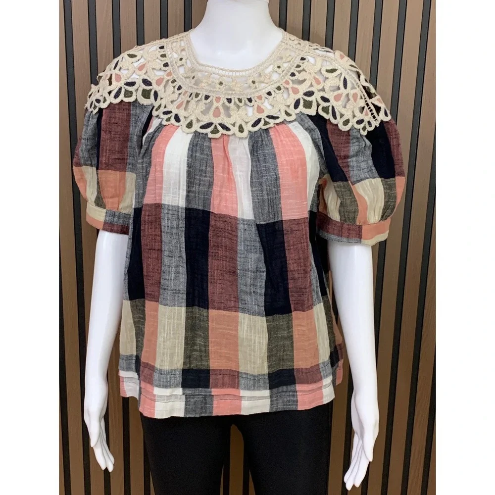 Anthropologie Plaid Crochet Lace Yoke Blouse Pink Navy Cotton Puff Sleeve Large